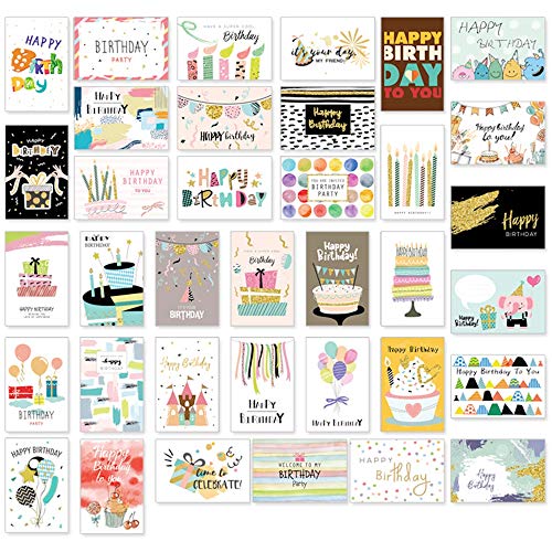 Juego de 36 tarjetas de cumpleaños con sobre, tarjeta de cumpleaños y de felicitación de primera calidad para niños, 36 diseños de tarjetas plegables con sobre