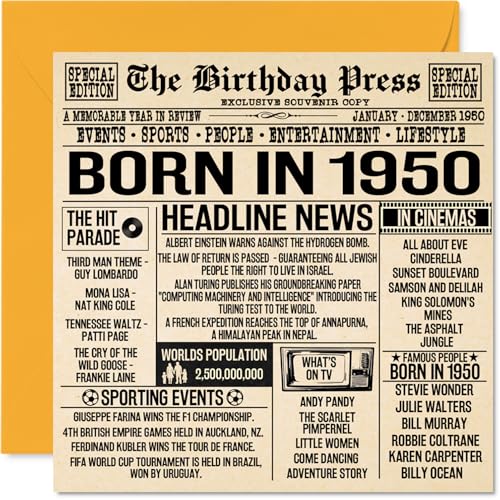 Tarjetas de cumpleaños número 75 para hombres y mujeres – Born In 1950 Newspaper – Tarjeta de...