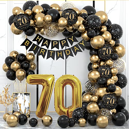 70 Años Decoracion Cumpleaños, Globos 70 Cumpleaños Hombres, Decoraciones Fiesta Oro Negro 70er Globos cumpleaños con Pancarta Feliz para Hombres y Mujeres Dfiesta de cumpleaño 70 Años Decoracione