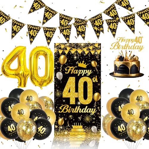 Set Decoracion 40 Cumpleaños - Globos De Cumpleaños Negros y Dorados, Pancarta Feliz Cumpleaños,...