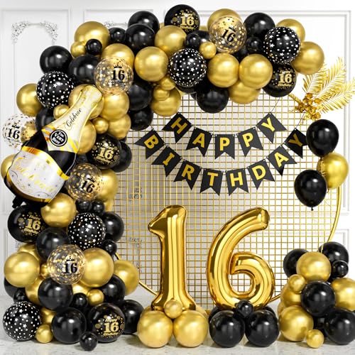 Decoraciones para 16º Cumpleaños, Kit Arco Globos Negros Dorados con Globos Foil Número 16,...