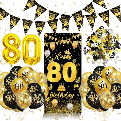 Decoraciones de cumpleaños número 80 para hombres y mujeres, decoraciones de fiesta de oro negro...