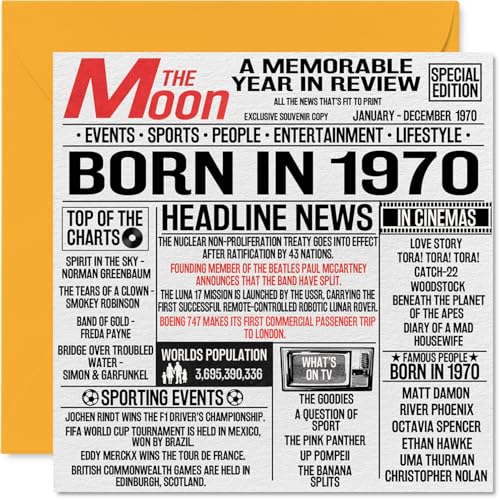 Tarjetas de cumpleaños número 55 para hombres y mujeres – Born In 1970 Newspaper – Tarjeta de...