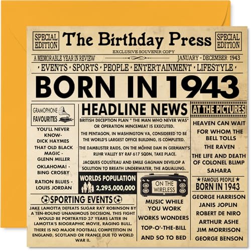 Tarjetas de cumpleaños número 81 para hombres y mujeres – Born In 1943 Newspaper – Tarjeta de...