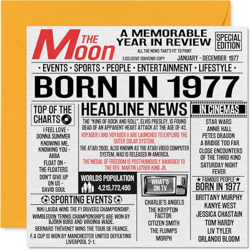 Tarjetas de cumpleaños número 48 para hombres y mujeres – Born In 1977 Newspaper – Tarjeta de...