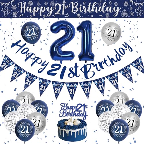 Decoración Cumpleaños 21 Años Hombre, Globos Cumpleaños 21 Años, Globos Azules y Plateados,...