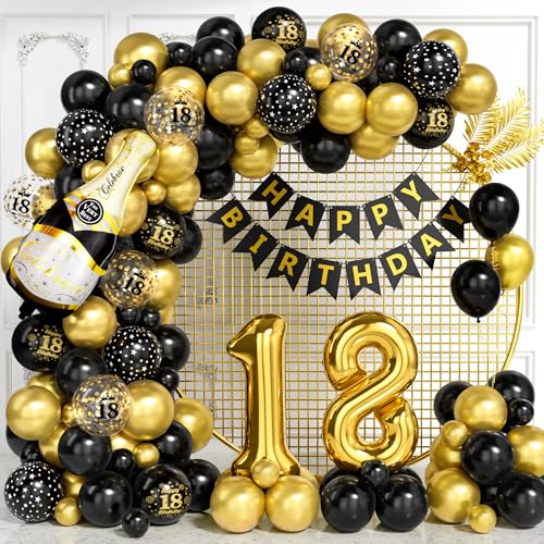 Decoraciones para 18º Cumpleaños, Kit Arco Globos Negros Dorados con Globos Foil Número 18,...