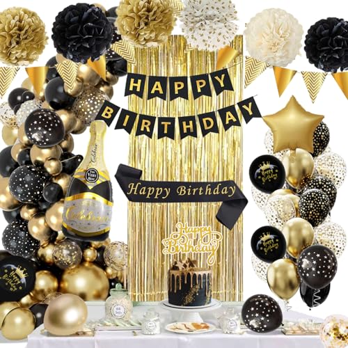 Decoracion de Cumpleaños Oro Negro Globos de Cumpleaños, Pancarta Happy Birthday, Cortinas Foil...