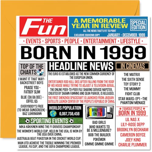 Tarjetas de cumpleaños número 25 para hombres y mujeres, periódico nacido en 1999, tarjeta de...
