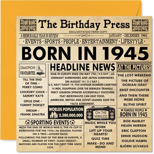 Tarjetas de cumpleaños número 79 para hombres y mujeres – Born In 1945 Newspaper – Tarjeta de...
