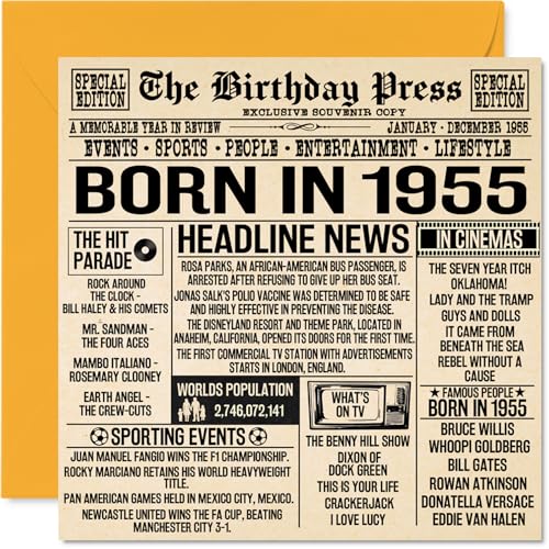 Tarjetas de cumpleaños número 70 para hombres y mujeres – Born In 1955 Newspaper – Tarjeta de...