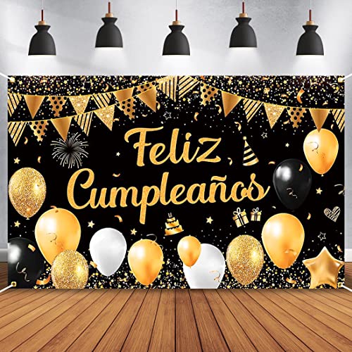 Grande Pancarta con Feliz Cumpleaños en Español,Fiesta de Cumpleaños Decoración Banner,Negro...