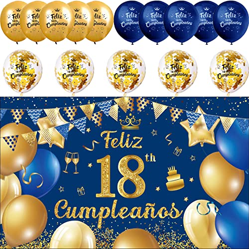Decoración para Cumpleaños 18 en Español - Pancarta Feliz Cumpleaños, Fondo Cartel, 15 Globos -...