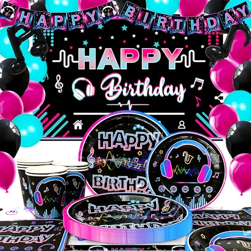 Decoracion Cumpleaños Music, 93 Pcs Set de Decoraciones y Vajilla para Fiesta - Globos, Fondo,...