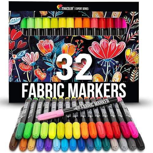 Zenacolor 32 Rotuladores Textiles - Pintura Textil Permanente y Lavable - No Tóxica y Indeleble,...