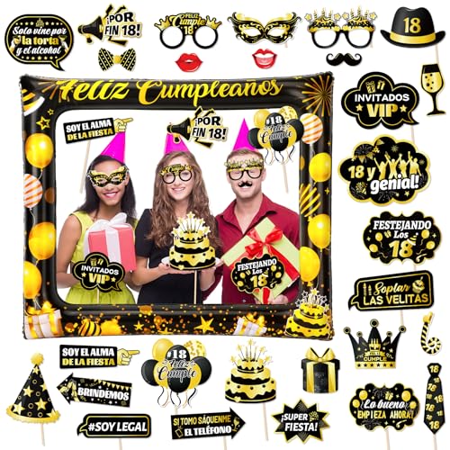 Photocall Feliz 18 Cumpleaños 28Pcs Accesorios + Marco Hinchable Oro Negro