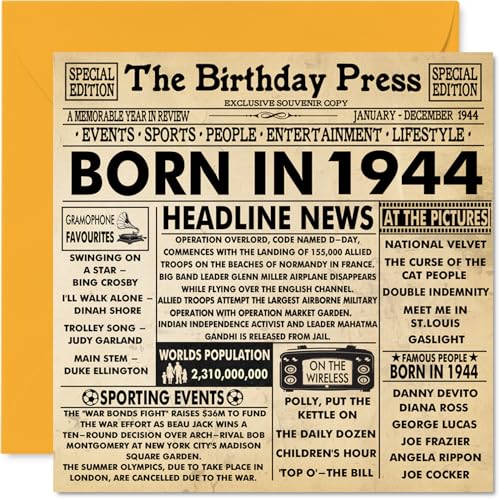 Tarjetas de cumpleaños número 80 para hombres y mujeres – Born In 1944 Newspaper – Tarjeta de...