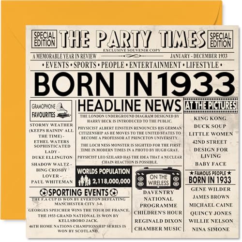 Tarjetas de cumpleaños número 91 para hombres y mujeres – Born In 1933 Newspaper – Tarjeta de...