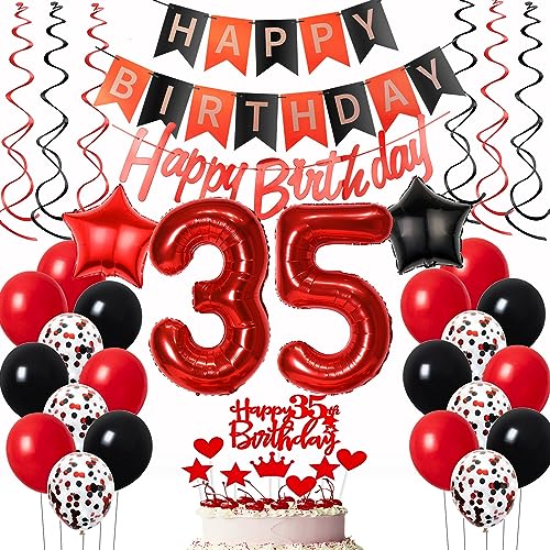 Oumezon Globos 35 Cumpleaños Mujer Rojo Negro Decoración, 35 Globo Mujer Rojo Decoración Tarta 35...