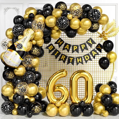 Decoraciones para 60º Cumpleaños, Kit Arco Globos Negros Dorados con Globos Foil Número 60,...
