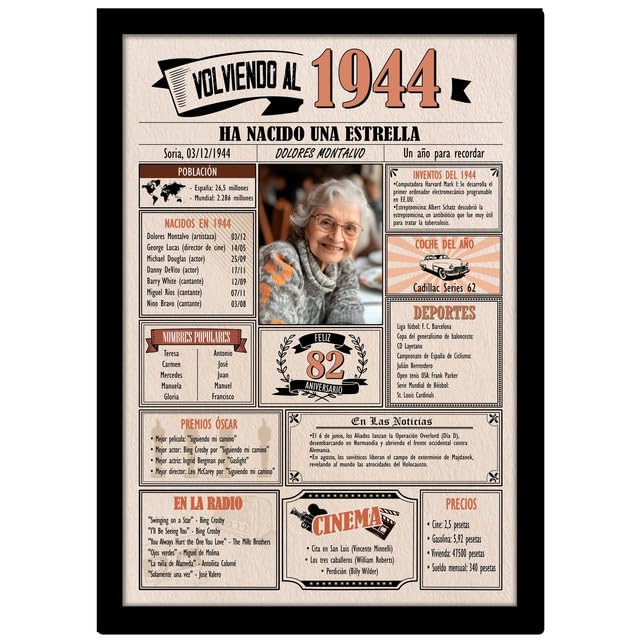 1944 / Con 5 campos Personalizables / Tarjeta Regalo Cumpleaños / 82 Aniversario / Año de...