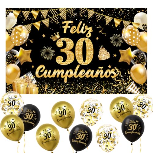 Decoración 30 Cumpleaños Español, Pancarta Feliz 30 Cumpleaños + 15 Globos, Banderola de Feliz...