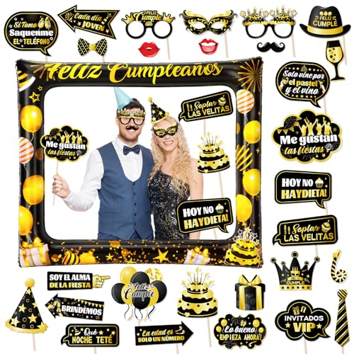 HOWAF Photocall Feliz Cumpleaños Español 28Pcs Accesorios Foto Props + Marco de Fotos Hinchable...