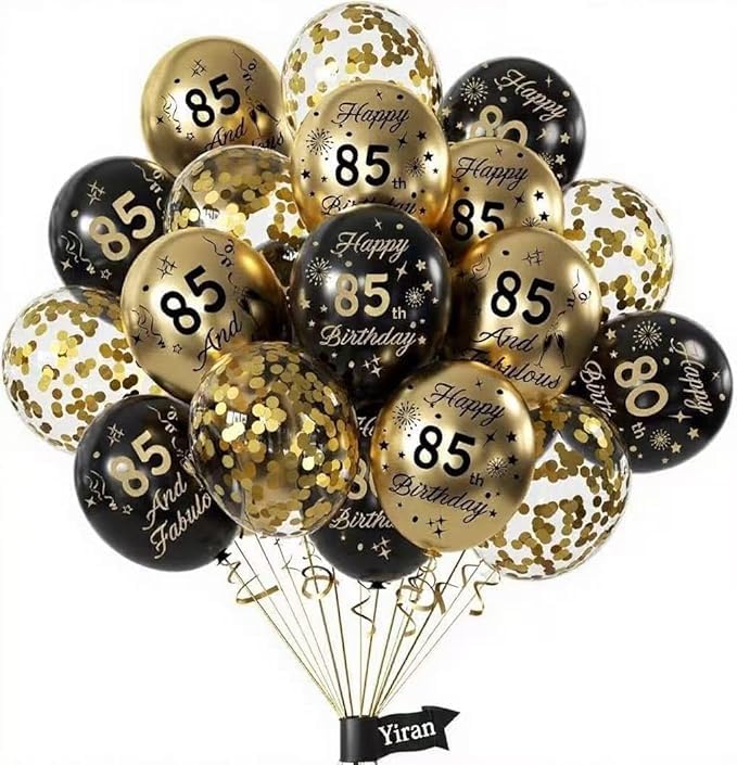 15pcs Años Decoracion Aniversario Cumpleaños,Oro Negro Fiesta 85Años Confetis Látex Globos...