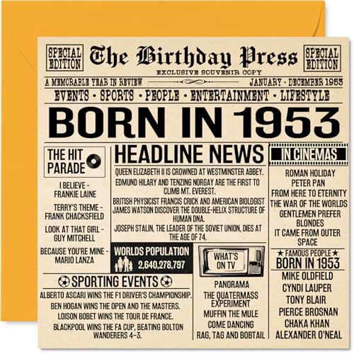 Tarjetas de cumpleaños número 72 para hombres y mujeres – Born In 1953 Newspaper – Tarjeta de...