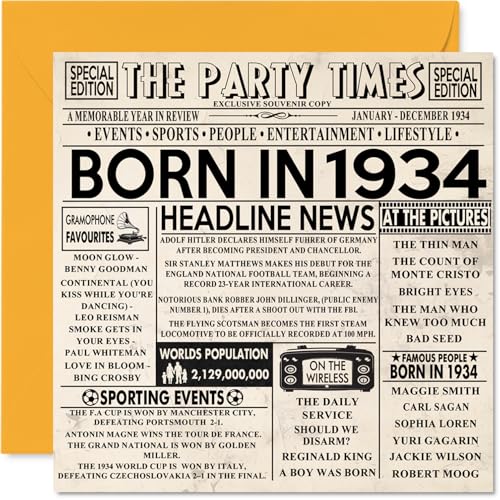 Tarjetas de 90 cumpleaños para hombres y mujeres – Born In 1934 Newspaper – Tarjeta de feliz 90...