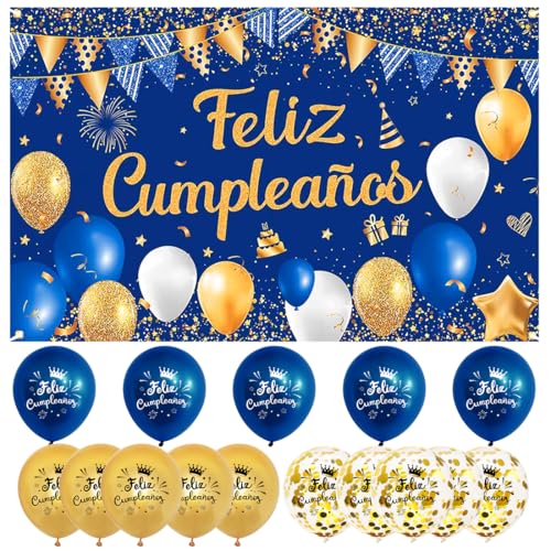 Pancarta Grande Feliz Cumpleaños Español + 15 Globos, Decoración Azul Oro, Fondo Cartel, Fiesta...