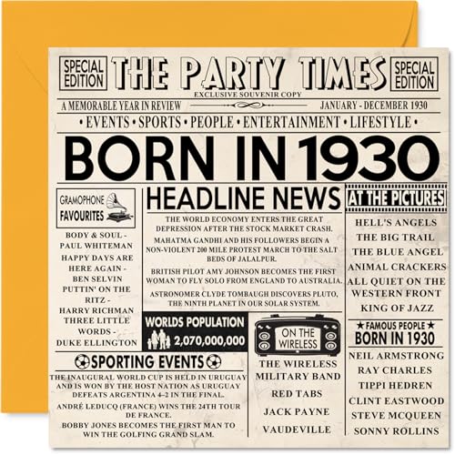 Tarjetas de 94 cumpleaños para hombres y mujeres, con texto en inglés 'Born In 1930' Newspaper -...