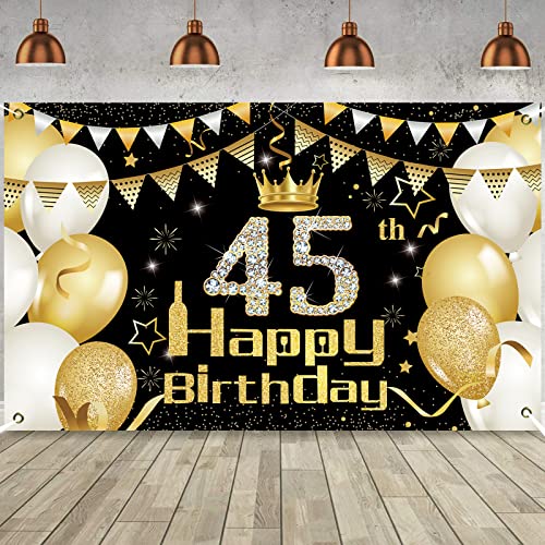 XZEIT 45 Años Fondo de Decoración de Fiesta de Cumpleaños de Oro Negro, 45 Pancarta Feliz Fondo...