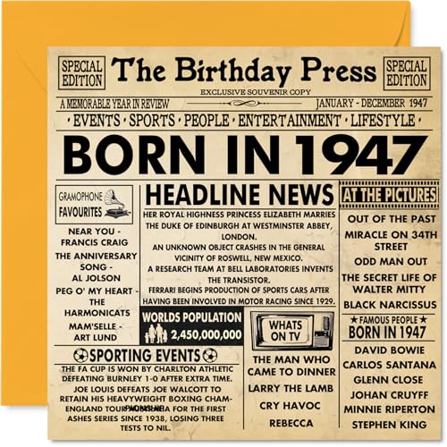 Tarjetas de cumpleaños número 78 para hombres y mujeres – Born In 1947 Newspaper – Tarjeta de...