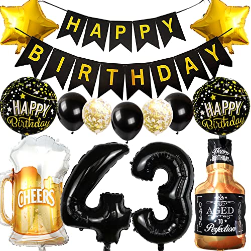 Ouceanwin Decoración Cumpleaños 43 años Hombre Mujer, Globos 43 Cumpleaños Oro Negro, Foil...