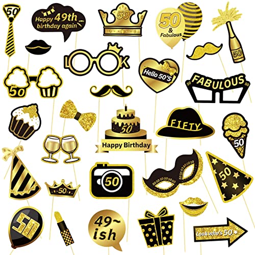 AIBAOBAO 29 Pcs Photobooth Accesorios, 50 cumpleaños Fiesta de Cumpleaños Apoyos de Photo Booth,...