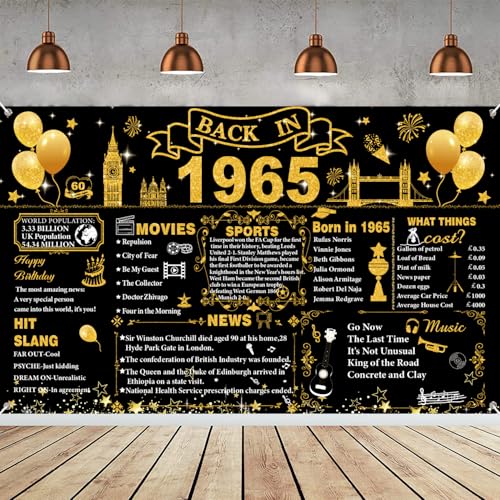 Decoración de 60 cumpleaños en negro y oro, póster 'Back in 1965' del Reino Unido, decoración de...