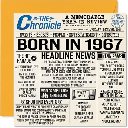 Tarjetas de cumpleaños número 58 para hombres y mujeres – Born In 1967 Newspaper – Tarjeta de...