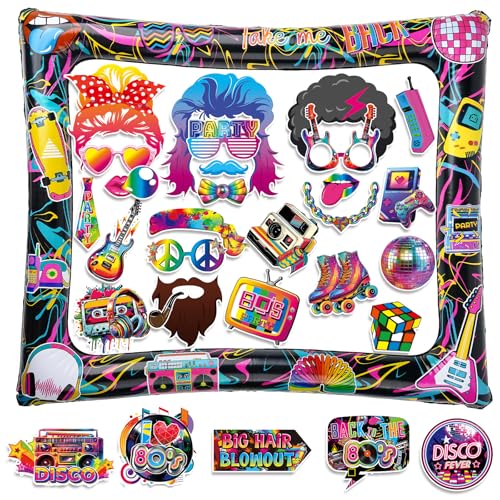AIBAOBAO 30 Pcs Photocall Años 80 con Marco de Fotos Inflable,Foto Props de Fiesta Hippie, Retro...