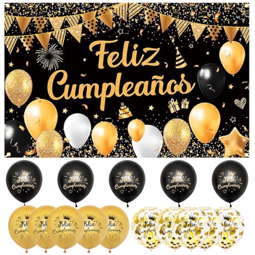 Pancarta Grande Feliz Cumpleaños + 15 Pcs Globos, Decoracion Oro Negro, Fondo Cartel, Fiesta...