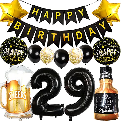 Ouceanwin Decoración Cumpleaños 29 años Hombre Mujer, Globos 29 Cumpleaños Oro Negro, Foil...