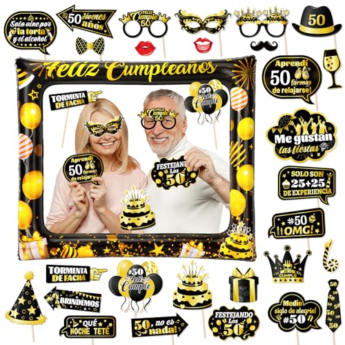 HOWAF Photocall Feliz 50 Cumpleaños Español 28Pcs Accesorios Photocall 50 Cumpleaños Foto Props +...